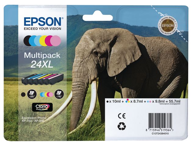 Epson Bläckpatron, Elephant, 24XL, Claria Photo HD, hög kapacitet, svart, cyan, ljus cyan, ljus magenta, magenta, gul, multiförpackning, C13T24384010,
