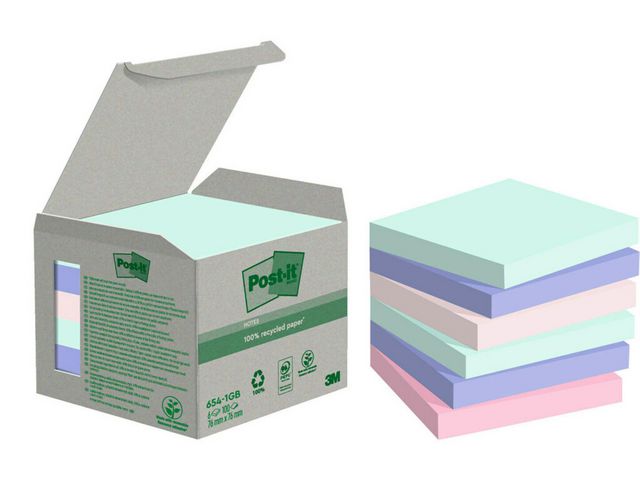Post-it® Notes 100% recycled 76x76mm sorterade färger, fp om 6 st