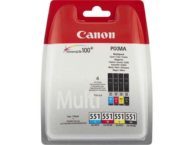 Canon Bläckpatron, PIXMA CLI-551, 6509B009, ChromaLife100+, svart, cyan, magenta, gul, multiförpackning, fp om 4 st