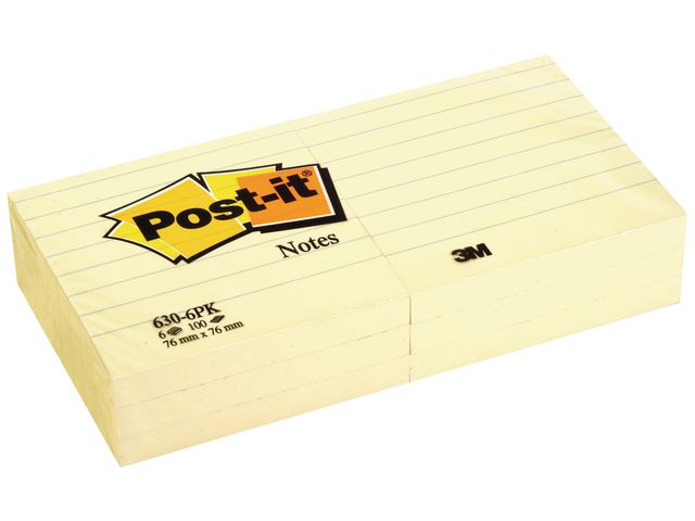 Post-it® Notes linjerade 630-6PK 76x76mm 100 blad gul, block om 100 blad