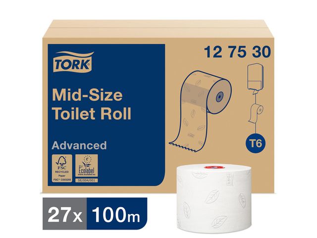 Tork Toalettpapper Advanced Compact T6, jumborulle, 2-lag, präglad, vit, fp om 27 x 100 m
