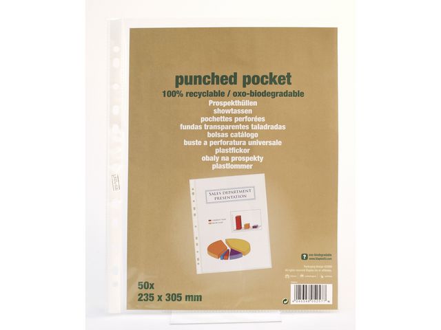 Plastficka A4 stansad 60 mikrometer PP jämn 11 hål transparent, fp om 50 st
