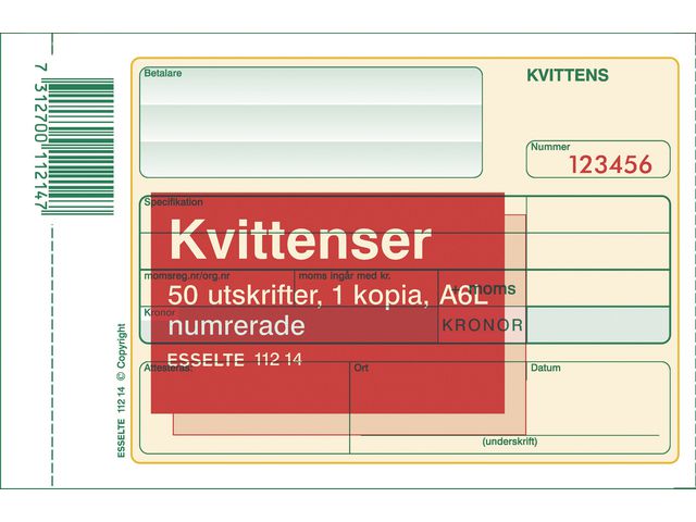 Esselte Blankett kvittens numrerad A6L 2x50 blad, st