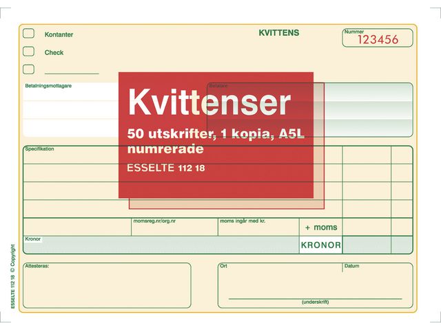 Esselte Blankett kvittens numrerad A5L 2x50 blad, st