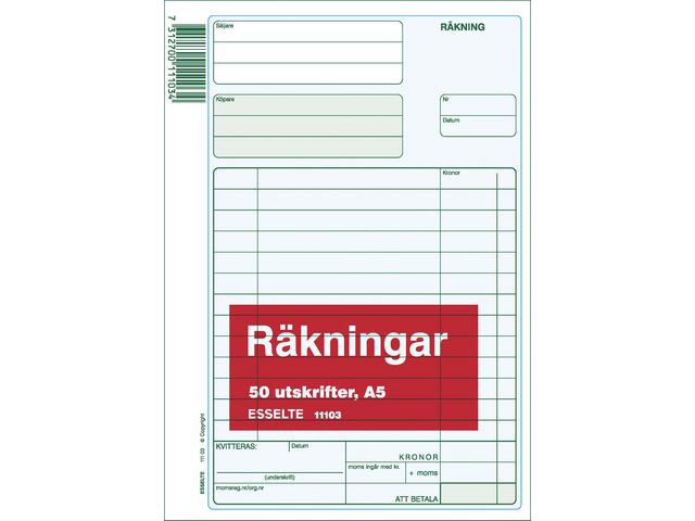 Esselte Blankett räkning utan kopia A5 50 blad, st