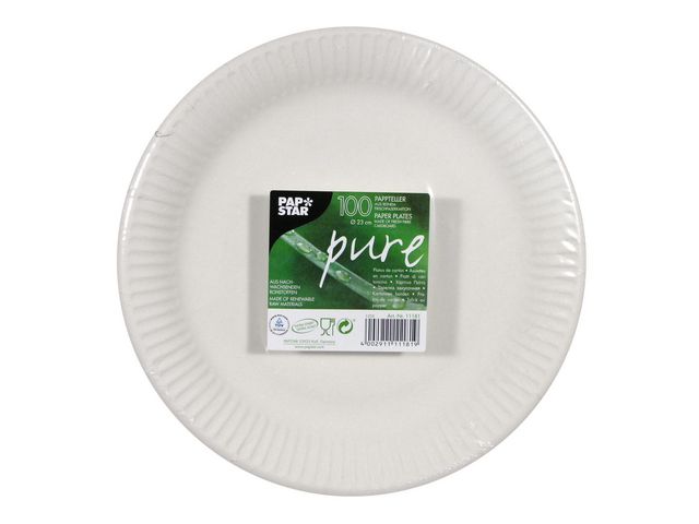 PAPSTAR Tallrik PURE Papper 23cm extra stark vit, fp om 100 st