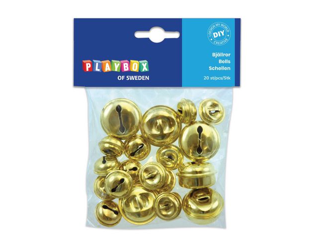 PLAYBOX Mässingsbjällror, ögla, runda, 20 mm, 30 mm, guld, fp om 20 st