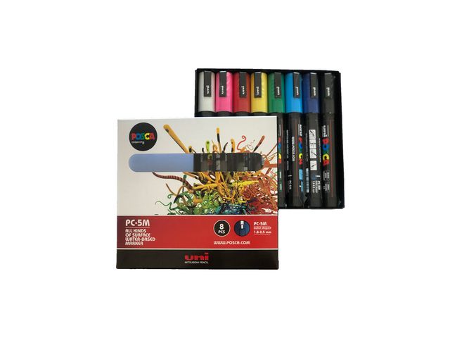 Uni Märkpenna, POSCA PC-5M, permanent vattenbaserat pigmentbläck, 1,8–2,5 mm, olika färger, fp om 8 st