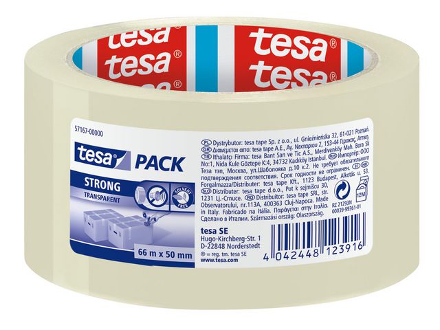 tesa® Packtejp Strong 50mmx66m klar, rulle om 66 m