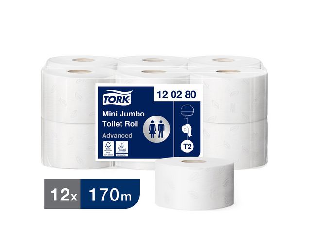 Tork Toalettpapper Advanced T2 Mini Jumbo, 850 ark, fp om 12 rullar