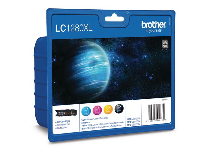 Brother Bläckpatron, 1280XL med hög kapacitet, svart, cyan, magenta, gul, multiförpackning, LC-1280XLVALBPDR, fp om 4 st
