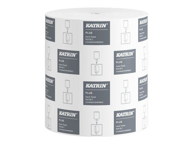 KATRIN Torkrulle Plus M2 2-lagers, 478 ark, utan hylsa, 230 mm, vita, rulle om 167 m