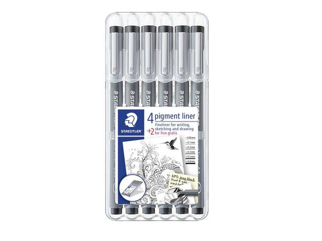Staedtler Tuschpenna, pigment, olika storlekar, grå pennkropp, svart bläck, fp om 6 st