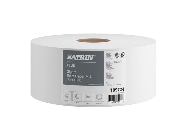 KATRIN Toalettpapper Plus Gigant M2 2-lagers, 100 mm, vit, fp om 6 rullar