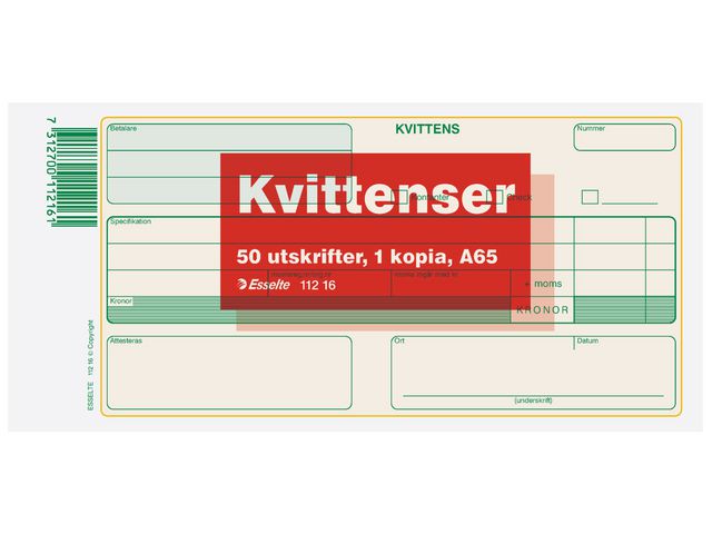 Esselte Blankett Kvittens A65 2x50 blad, st