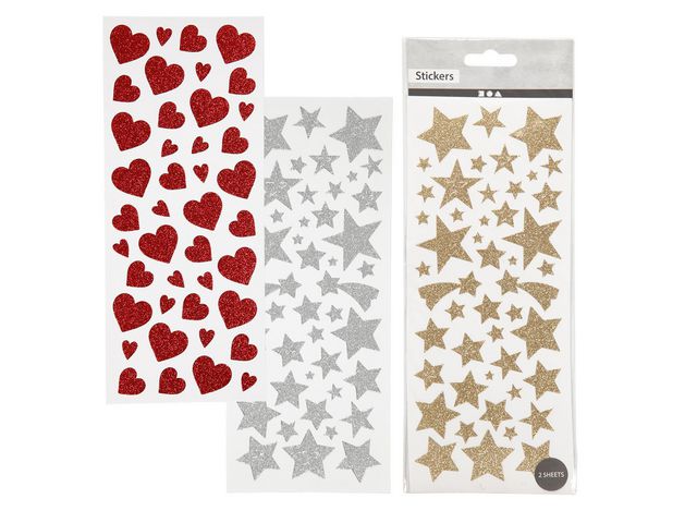 Glitterstickers hjärtan stjärnor, fp om 6 st