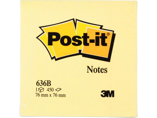 Post-it® Sticky-notislappar, kub, 76 x 76 mm, Canary Yellow™, 450 blad, 636B, block om 450 blad