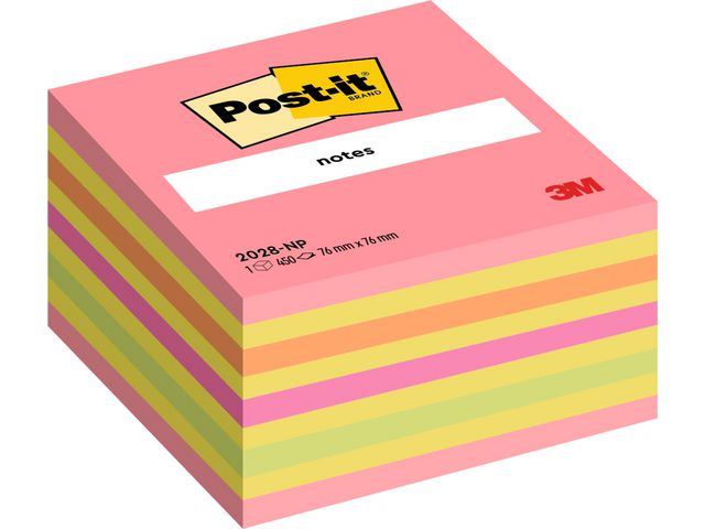 Post-it® Sticky-notislappar, kub, 76 x 76 mm, neonrosa färger, 2028-NP, block om 450 blad