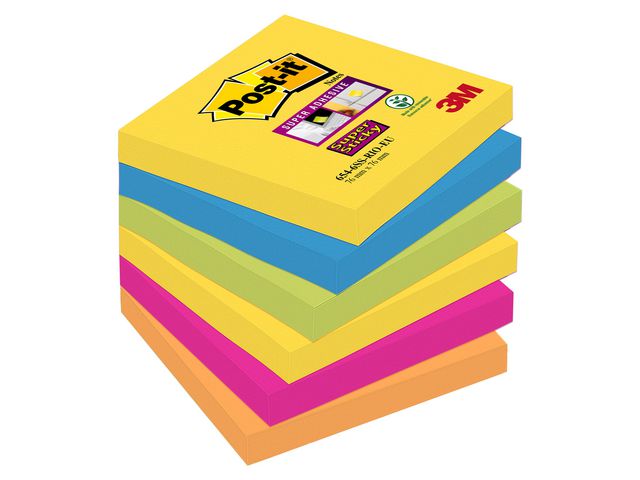 Post-it® Super Sticky-notislappar, 76 x 76 mm, olika neon- och ultrafärger, förpackning med 6, 90 ark, fp om 6 block