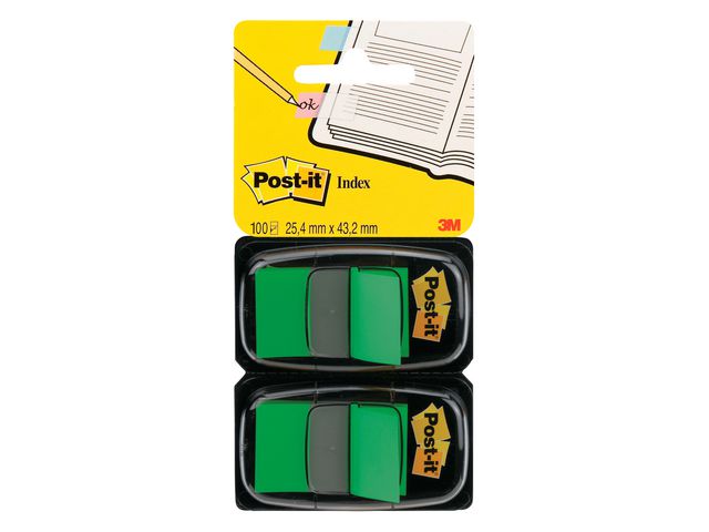 Post-it® Indexflikar, medium, 25,4 x 43,2 mm gröna 2 x 50 dubbelpack med hållare 680-G2EU, fp om 2 st