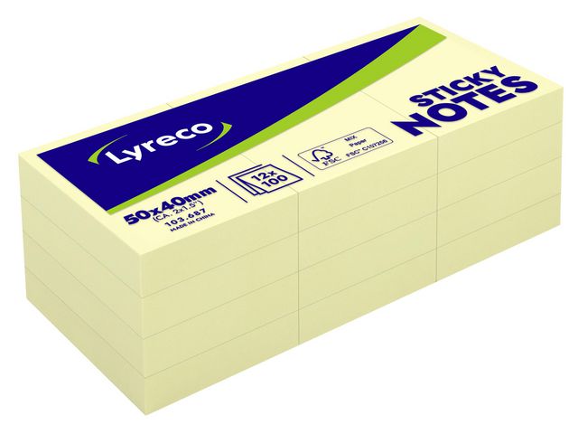 Lyreco Notes 50x40mm 100 blad gul, fp om 12 st