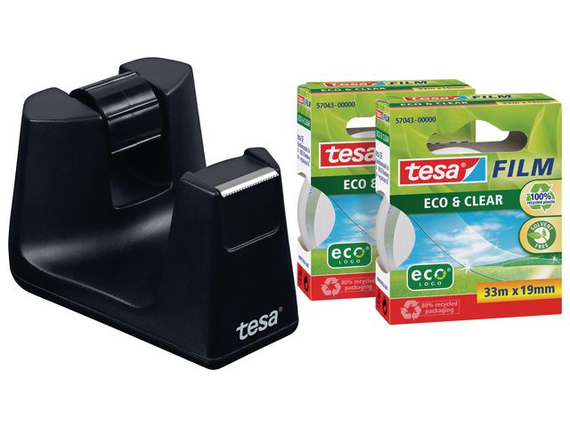 tesa® Tejphållare Easy Cut® SMART, svart, med 2 rullar tesafilm® Eco & Clear-tejp, 19 mm x 33 m, 53905, set om 3 st