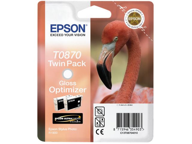 Epson Bläckpatron, Flamingo, T0870, Ultra Chrome HI Gloss 2, Gloss Optimizer,Gloss Optimizer, dubbelförpackning, C13T08704010, fp om 2 st