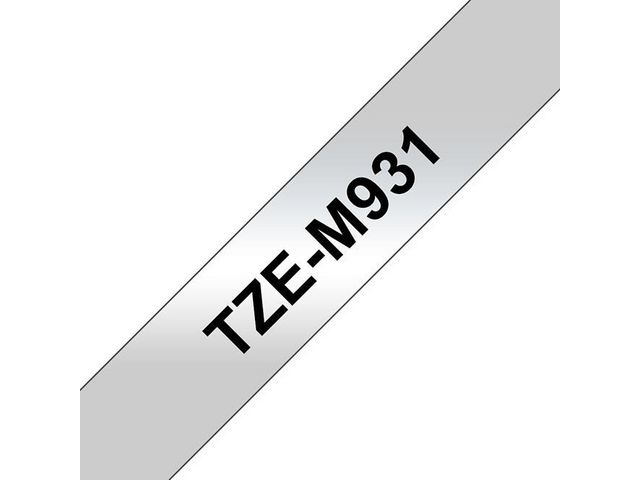 Brother Tape TZEM931 12mm sv på silver, st