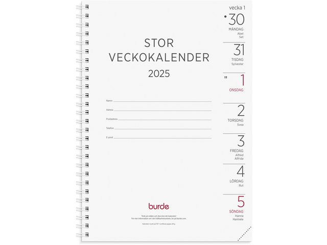 Burde Kalender 2025 Stor Veckokalender refill, st