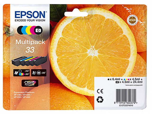 Epson Bläckpatron, svart, cyan, magenta, multiförpackning, C13T33374011, kort 5 st
