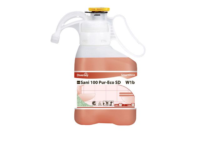 Diversey Sanitetsrengöring, koncentrerad rengöringsvätska för våtrum, Sani 100 Pur-Eco SD W1b, flaska 1,4l, flaska om 1.4 l