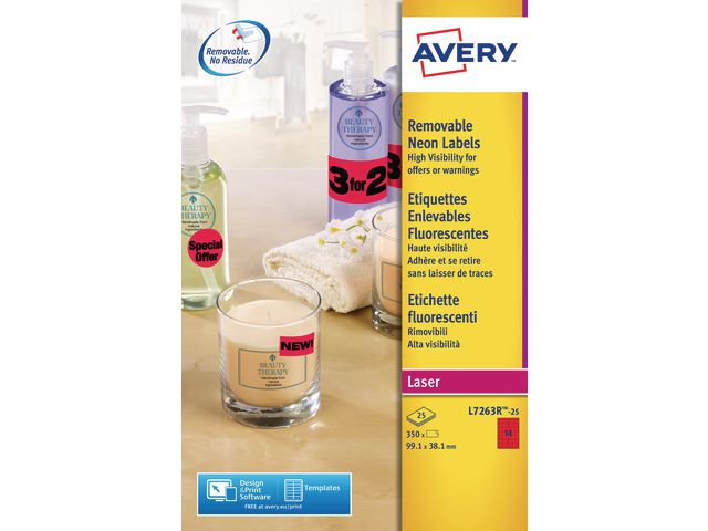 Avery Etikett avtagbar 99,1x38,1mm neonröd, fp om 350 st