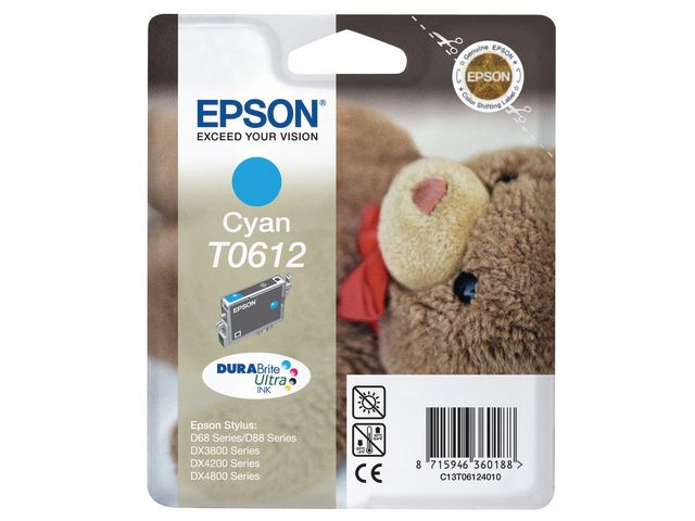 Epson Bläckpatron, T0612, C13T06124010, Teddy, DURABrite Ultra, bläckpatron, cyan, singelförpackning, st