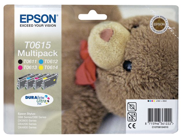Epson Bläckpatron T0615 Teddybear (C13T06154010), cyan, magenta, gult och svart, multiförpackning, standardkapacitet, fp om 4 st