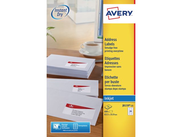 Avery Etikett QuickDry 63,5x33,9mm, fp om 600 st